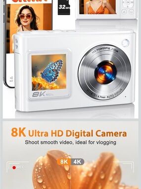 White 8K Ultra HD Digital Camera with 16x Zoom